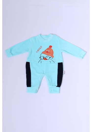 Hçm Bebek Kadife Tulum Uzun Kollu Çıtçıtlı Baskılı D5 Mavi