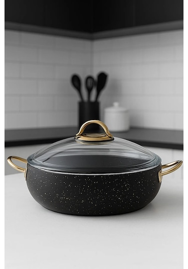 Yunusoğlu Home 28 Cm Basık Güveç Tencere 3.5 Litre, Gold Kulplu