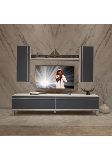 Decoraktiv Eko 7 Mdf Std Krom Ayaklı Tv Ünitesi Tv Sehpası Beyaz - Antrasit