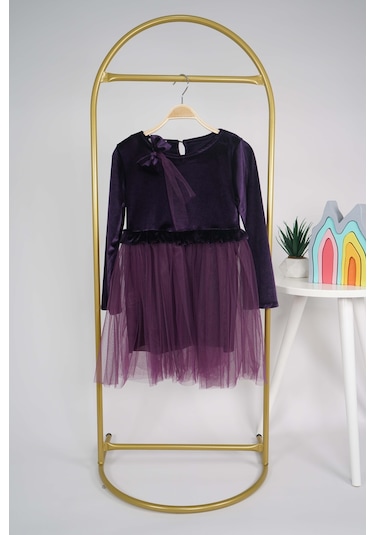 Kız Çocuk Yılbaşı Temalı Eteği Tül Astarlı Tokalı Kadife Uzun Kol Elbise Mor