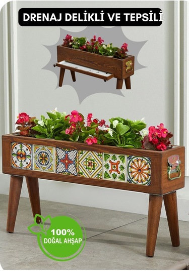 Halohope El Yapımı Ayaklı 6 Çinili Dekoratif Modern Ahşap Dikdörtgen Bahçe Balkon Saksı Saksılık Çiçeklik