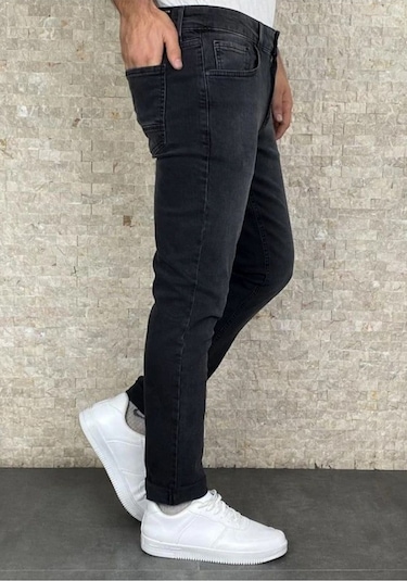 Erkek Siyah Taşlamalı Slim Fit Jean Pantolon (492166754)