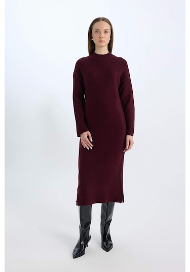 DeFacto Relax Fit Yarım Balıkçı Yaka Midi Triko Bordo Elbise D8596AX24WNBR467