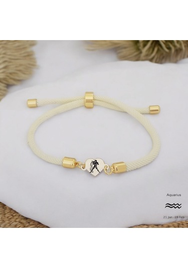 Archin Kova Burçlarına Özel Kalp Figürlü 14 Ayar Altın Plakalı Beyaz Örgülü Hediye Bileklik-478burç Kova