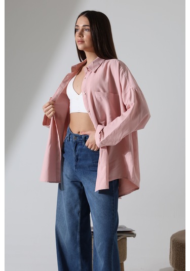 Yeni Sezon Poplin Kumaş Çift Cepli Oversize Pamuklu Kadın Tunik Gömlek Açık Pembe