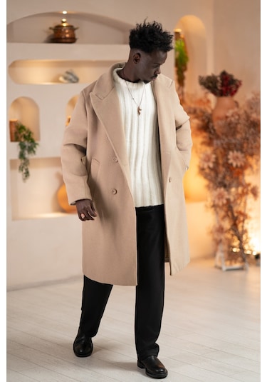 İtalyan Geniş Yaka Oversize Bol Kesim Salaş Uzun Kaban Devetüyü