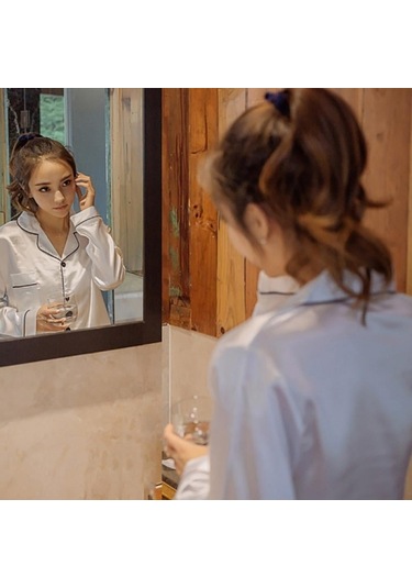 Sones Bayan İpek Uzun Kollu Pantolon Pijama Takımı Beyaz Açık Toka Beyaz