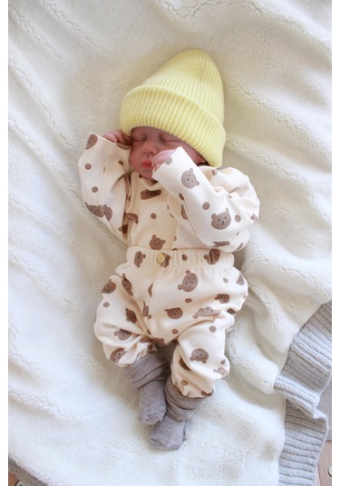 Ayıcık Baskılı Bebek Alt Üst Takım Ekru