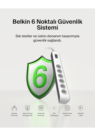 Belkin Surge Plus Priz Dalgalanma Koruyucu 2.4a, 2m Kablo , Beya