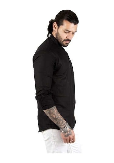 Deepsea Erkek Siyah Yarım Düğme Gömlek 2201914 Siyah