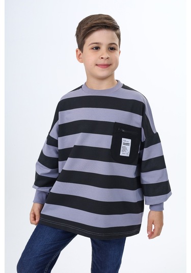 Toontoy Erkek Çocuk Çizgili Sweatshirt Koyu Gri