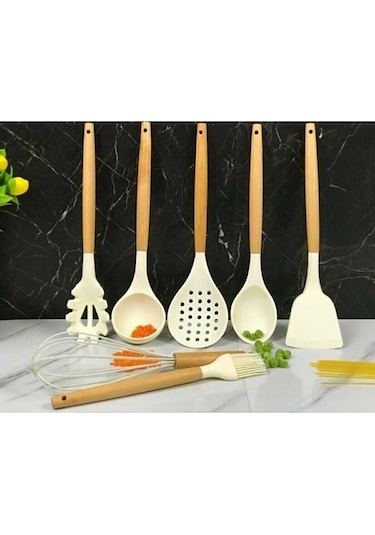 Bambu Saplı Silikon Kepçe Spatula Mutfak Seti 7 Parça Beyaz