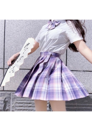 3 Adet Kadın Anime Üniforma Seti Pilili Etekler Yaz Jk Gömlek Kısa Kollu Mini Ekose Etek Takım Elbise Tops Mor&beyaz Mor - Beyaz