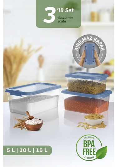 3'lü Organizer Box 5-10-15l Saklama Kabı - Çok Amaçlı Düzenleyici Kilit Kapak Derin Saklama Kutusu Mavi