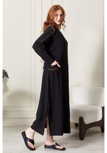 Cep İşlemeli Uzun Keten Elbise - Zarif Ve Rahat Siyah