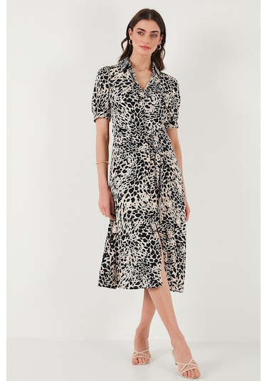 Lela Desenli Relaxed Fit Balon Kol Yırtmaçlı Kemerli Midi Boy Bayan Elbise 67810558 Leopar