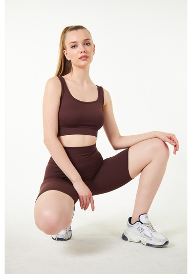 Yeşil Fitilli Kare Yaka Esnek Örme Crop Büstiyer Atlet Kahverengi