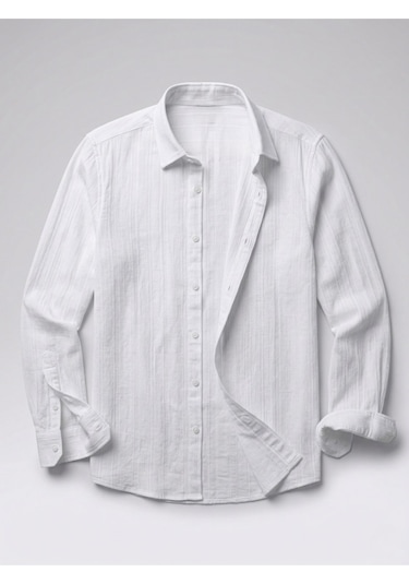 Hazego Erkek Armürlü Yarım Oversize Keten Gömlek Beyaz