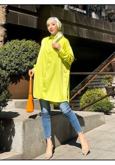 Vioshine Vıoshıne Kadın Yağ Yeşili Oversize Saten Gömlek - Yağ Yeşili Yeşil