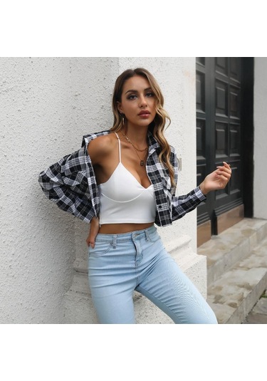 Gmxıa Kadın Modası Günlük Ekose Baskı Uzun Kollu Polo Yaka Bluzlar Ve Gömlekler Kahverengi