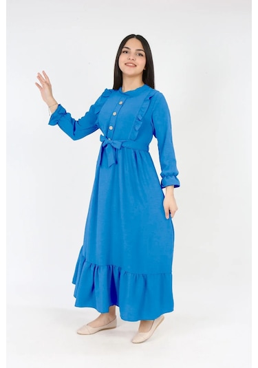 Kiz Cocuk Uzun Elbise Aerobin Keten Kumaş Tesettüre Uygun Uzun Boydan Elbise İndigo Mavi