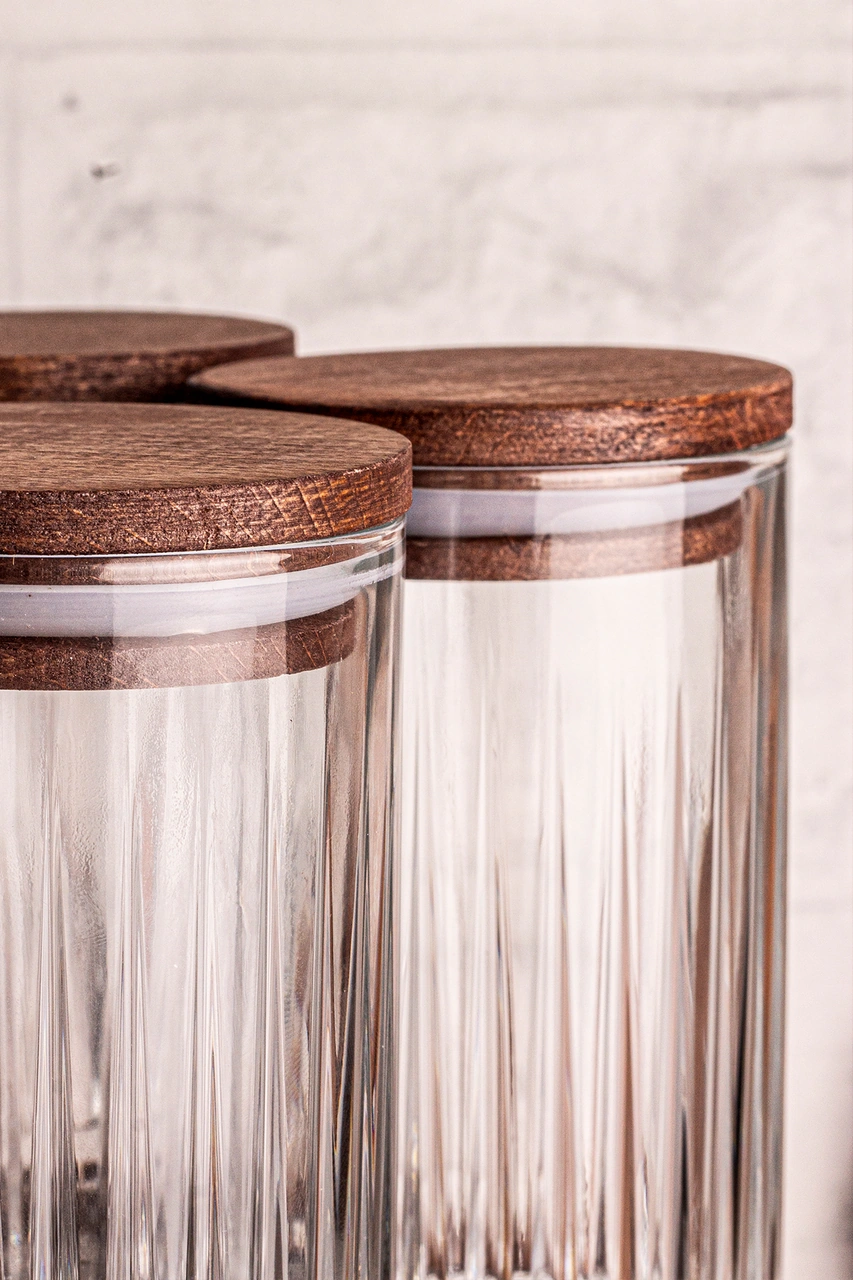 Tomira - 9 Parça Ahşap Döner Standlı Vakumlu Kapaklı Cam Saklama Kabı Baharatlık Seti 450 Ml Ahşap