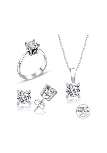 Sertifikalı Swarovski Taş Altın Modeli Tek Taş 925 Gümüş Set Takı
