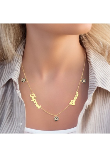 İndigo Takı Işıklı Kutuda Kişiye Özel Nazarlı İki İsimli Gümüş Kolye Gold