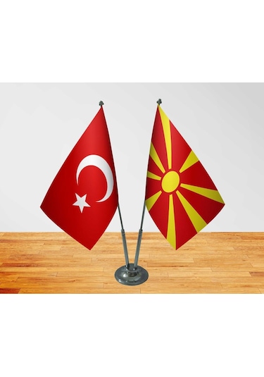 Masa Üstü Makedonya Bayrağı Türk Bayrağı İkili Krom Direk Masa Ba