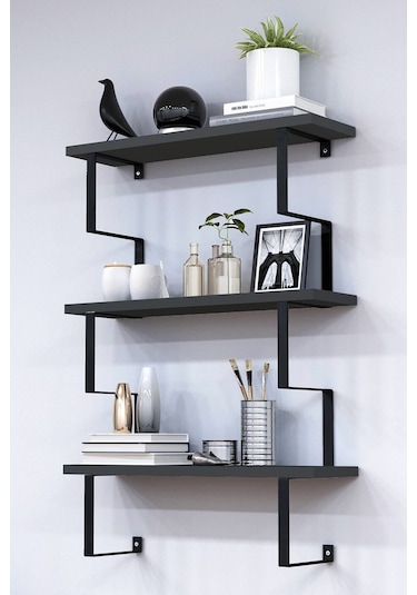 Metal Ayaklı Duvar Rafı, 3 Katlı Duvar Rafı, Kitaplık, Saksılık, Banyo, Mutfak, Salon, 60 70 15 Cm Antrasit