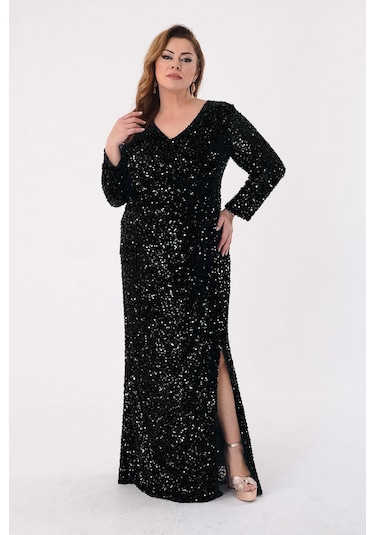 Lilas Xxl Kadın Büyük Beden Pul Payetli V Yaka Uzun Abiye Elbise 2479 Siyah Siyah