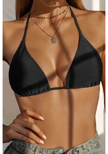Angelsin Siyah Boyundan Bağlamalı Üçgen Bikini Üstü Siyah 001