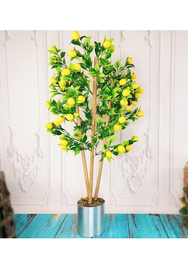 Yapay Ağaç Limon Ağacı Gür Yapraklı 80Cm Bambu Dalında Gümüş Pasl
