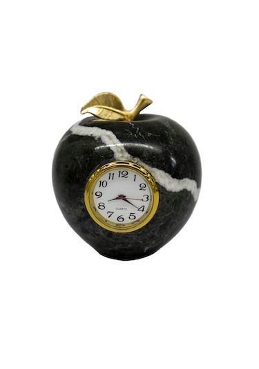 Elma Fiğürlü Masa Saati - Oniks Doğal Taş Damarlı Akik