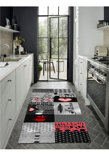 Gri, Kitchen Kaymaz, Pamuk Dokuma Taban Mutfak Halısı (477548470)