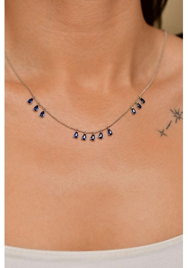 Safir Taşlı Rodyum Üç Sıra Shakira Damla Gümüş Kolye Rn10211