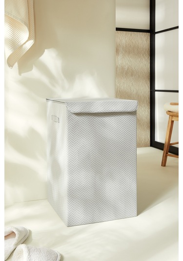 Ocean Home Textile Gri Balıksırtı Çamaşır Kutusu 36 x 36 x 56 cm