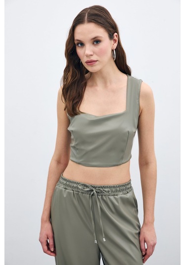 Kare Yaka Deri Crop - Çağla Yeşili-135669 Çağla Yeşili