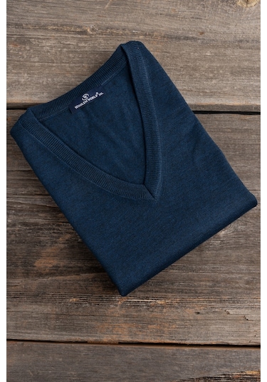 V Yaka Battal Büyük Boy Yünlü Kolsuz Triko Süveter İndigo