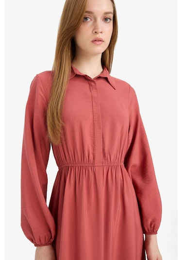 Defacto Gömlek Yaka Beli Büzgilü Uzun Kollu Maxi Elbise D5851ax25spog355 Turuncu