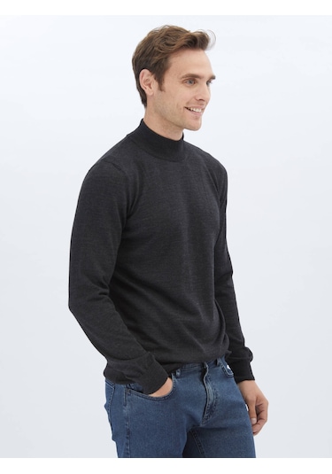 Kip Antrasit Yarım Balıkçı Yaka Düz Örgü Yün Karışımlı Triko Çok Renkli