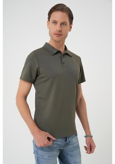 Comfort Fit Polo Yaka Esnek Pamuk Casual Haki Tişört Ts 886 Haki