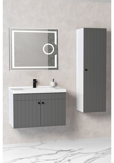 Avien 80 Cm Banyo Dolabı Kiev Led Aynalı Antrasit-boy Dolap Dahil Antrasit