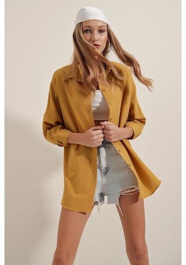 Bigdart 3900 Oversize Uzun Basic Gömlek - Hardal 001