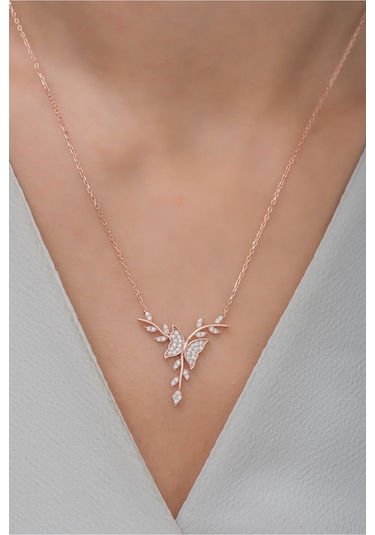 925 Ayar Gümüş Rose Daldaki Kelebek Kolye