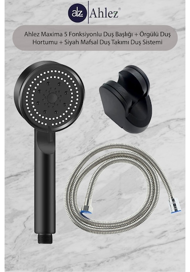 Maxima 5 Fonksiyonlu Duş Başlığı + Örgülü Hortum + Siyah Mafsal Simli