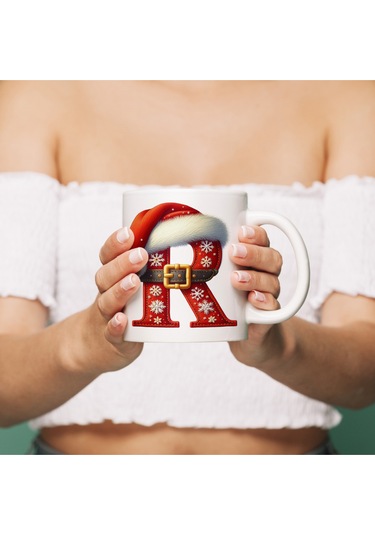 R Harfi Yılbaşı Temalı Bardak 330 Ml Harfli Kişiye Özel Hediye - Yeniyıl / Noel Şapka Tasarım Beyaz