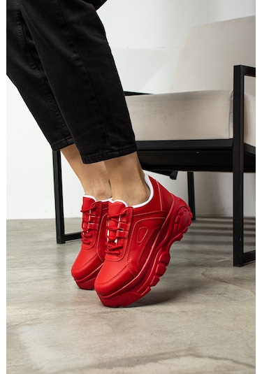 Günlük Kadın Spor Ayakkabı Yüksek Kalın Taban 6 Cm Suni Deri Sneaker 001 Kırmızı