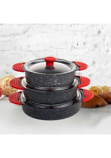 Eda 3'lü Granit Döküm Sahan Seti Cam Kapaklı Gri