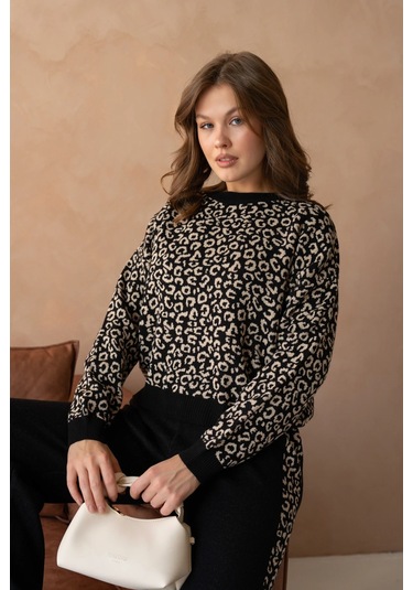 Kadın Geniş Yaka Desenli Kazak Pantolon İkili Triko Takım Siyah